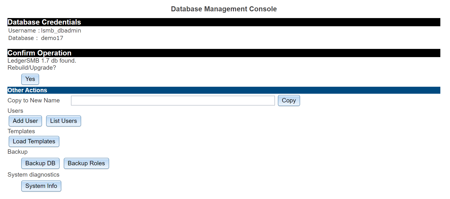 Database management console (setup.pl)