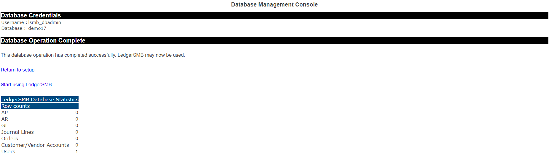 Confirmation of database creation (completed)