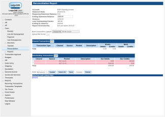 Bank reconciliation screen